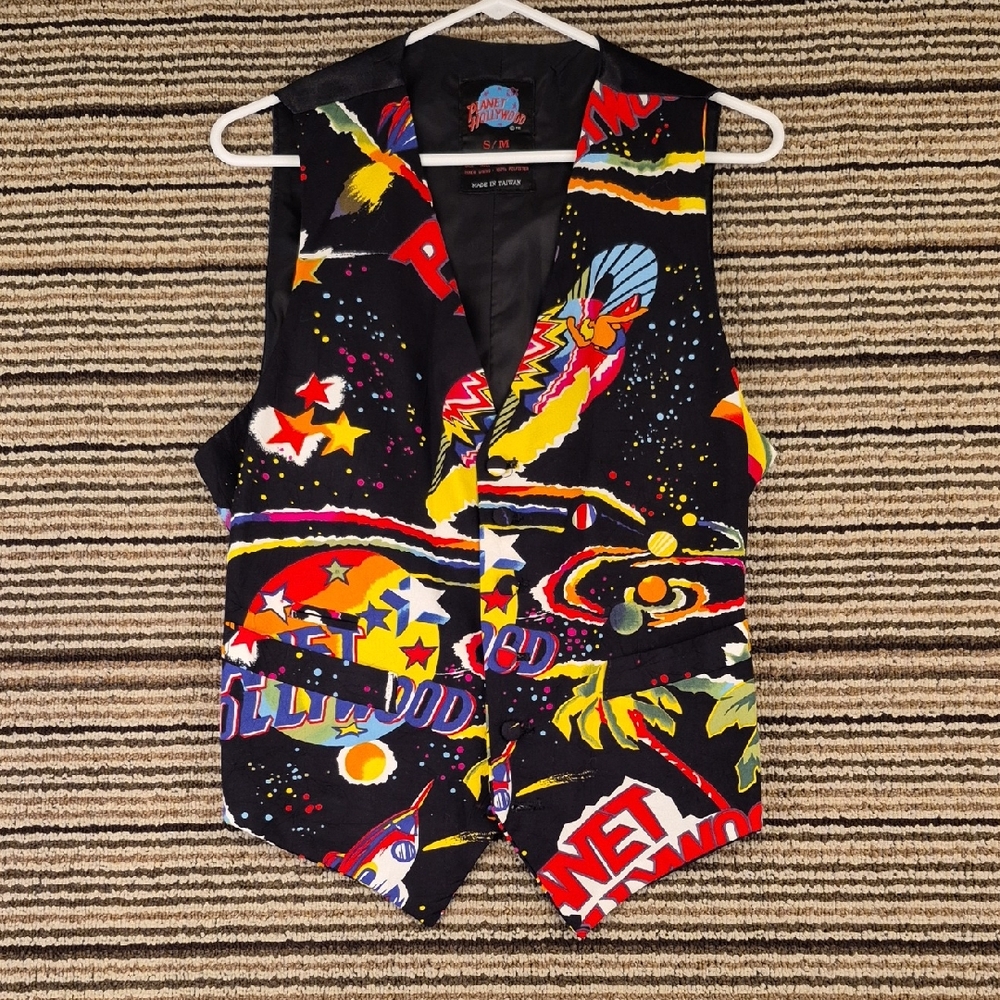 PLANET HOLLYWOOD Black Multicolor Abstract Outer Space Rayon Mens Vest Sz‎ S VTG
